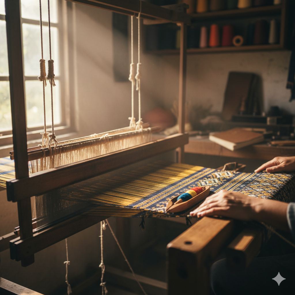 Hand weaving a striped textile at a wooden loom