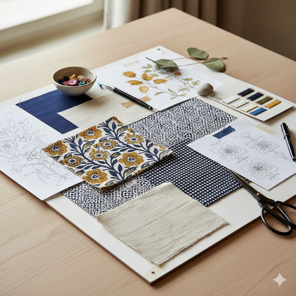 Fabric swatches, colour cards and design sketches laid out on a table