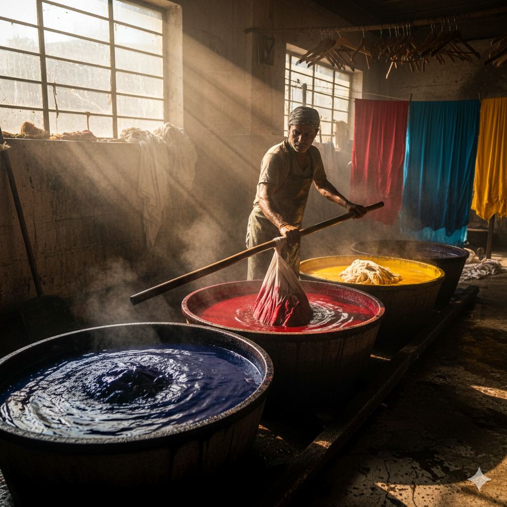 Yarn being dyed in colour baths