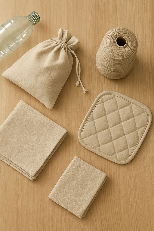 Folded linen kitchen textiles: pouch, potholder and towels
